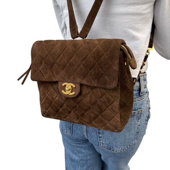 CHANEL Vintage CC Logo Suede Matelasse Backpack Bag Turn Rock Brown  [106046] - Picture 4 of 15